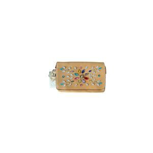 NWT Miss Unique Beaded Clutch Bag Tan Faux Leather  Gemstone Floral Colorful